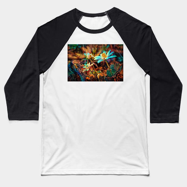 Fractal glowing spring flowers Baseball T-Shirt by redwitchart